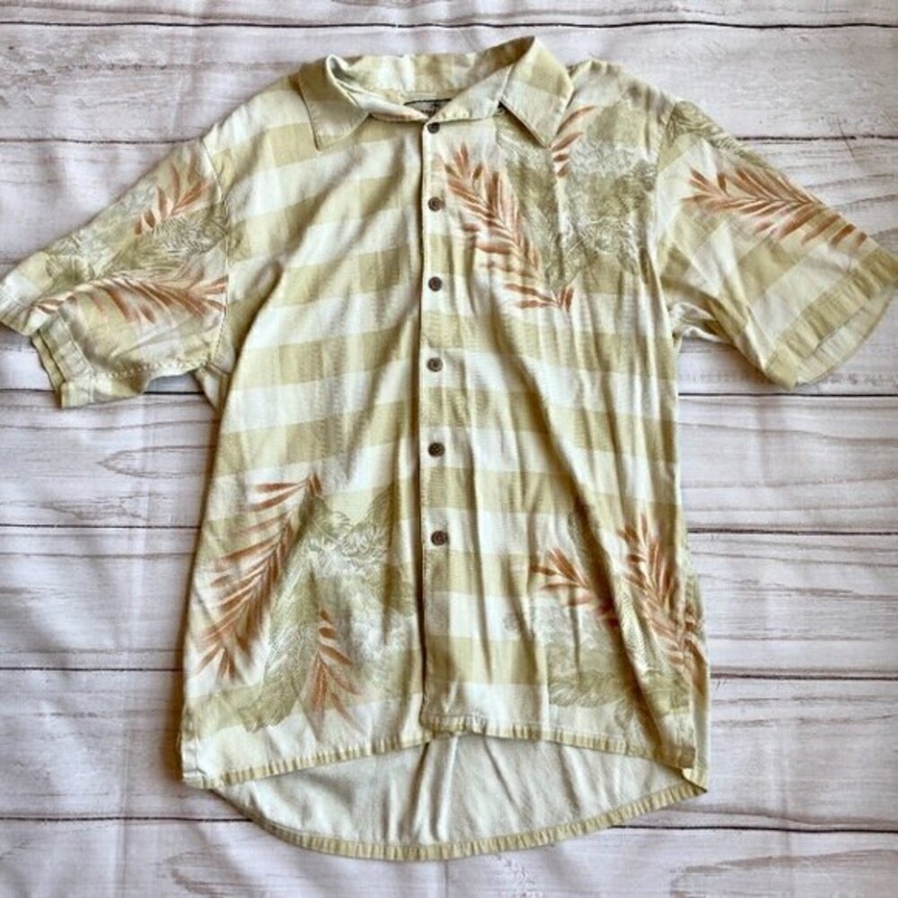 Tommy Bahama Men's 100% Silk Plaid Neutral Hawaiian Button Down Shirt Sz L